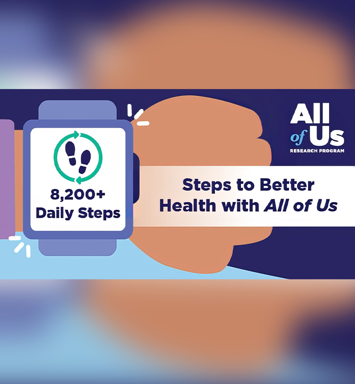 Logo of the All of Us Research Program. Taking at least 8200 steps a day may lower risk for depression, sleep apnea, acid reflux, obesity, diabetes and high blood pressure. Thanks to the data that All of Us participants share, this study found new links between steps and a lower risk for depression, sleep apnea and acid reflux. Reference: Master, H., et al. Association of step counts over time with the risk of chronic disease in the All of Us Research Program. Nature Medicine 2022.