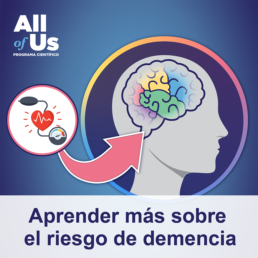 Aprender más sobre el riesgo de demencia. Logotipo del Programa Científico All of Us. Una lustración de una cabeza humana que muestra el cerebro. Se destacan varias áreas del cerebro. Una ilustración superpuesta muestra un brazalete para medir la presión arterial y un corazón con una línea de gráficos de electrocardiograma que lo atraviesa. La ilustración superpuesta tiene una flecha que apunta al cerebro. 