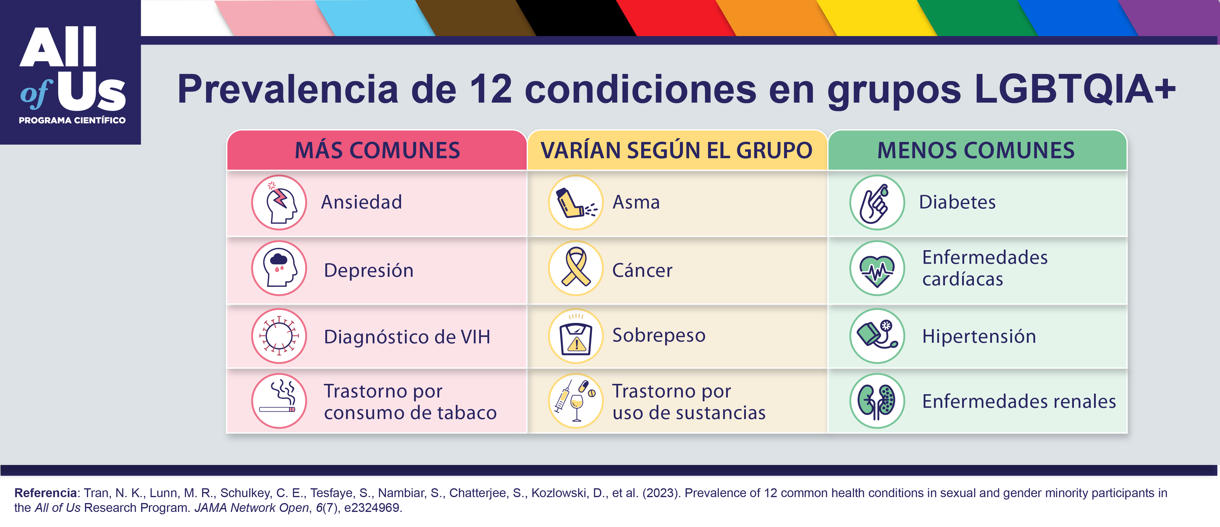 Una infografía titulada “Prevalencia de 12 condiciones en grupos LGBTQIA+” con el logo del Programa Científico All of Us. Entre las 12 condiciones, la ansiedad, la depresión, el diagnóstico de VIH y el trastorno por consumo de tabaco son más comunes; la prevalencia de asma, cáncer, sobrepeso y trastorno por uso de sustancias varía según el grupo; y la diabetes, las enfermedades cardíacas, la hipertensión y las enfermedades renales son menos comunes. 