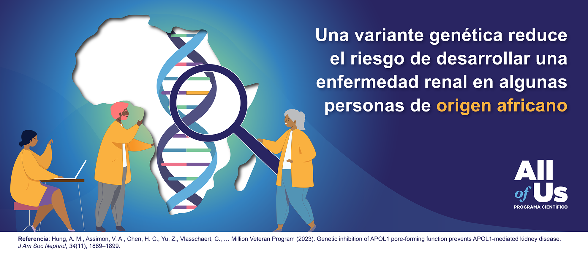 Una imagen con el título “Una variante genética reduce el riesgo de desarrollar una enfermedad renal en algunas personas de origen africano” muestra una silueta de África con una cadena de ADN en el medio y una persona sosteniendo una lupa sobre la cadena de ADN. Otra persona está frente a una computadora, y una tercera persona está mirando la cadena de ADN. El logo del Programa Científico All of Us está abajo a la derecha. 