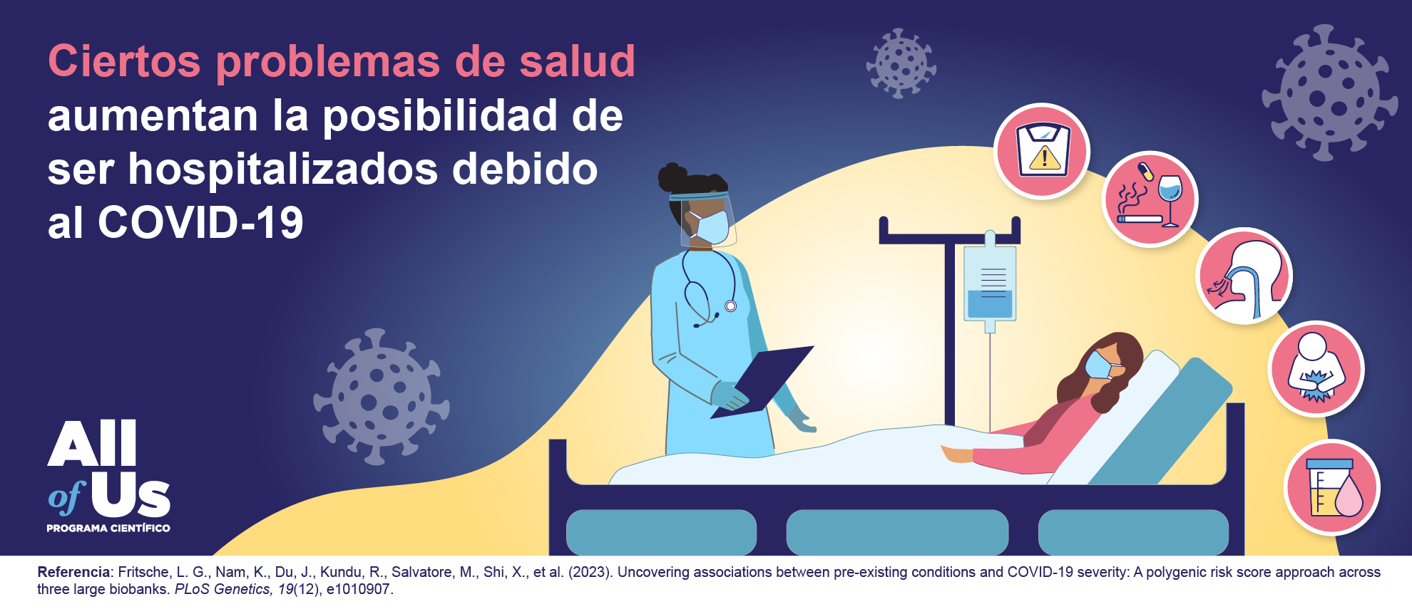 na ilustración muestra a una persona con mascarilla en una cama de hospital. Una doctora está de pie, con mascarilla y protector facial. Cinco íconos representan afecciones vinculadas a casos graves de COVID-19: obesidad; trastorno de uso de sustancias; problemas respiratorios; problemas digestivos; y sangre en la orina. Varios coronavirus flotan en el fondo. Un texto dice “Ciertos problemas de salud aumentan la posibilidad de ser hospitalizados debido al COVID-19”. Logo de All of Us, abajo a la izquierda. 