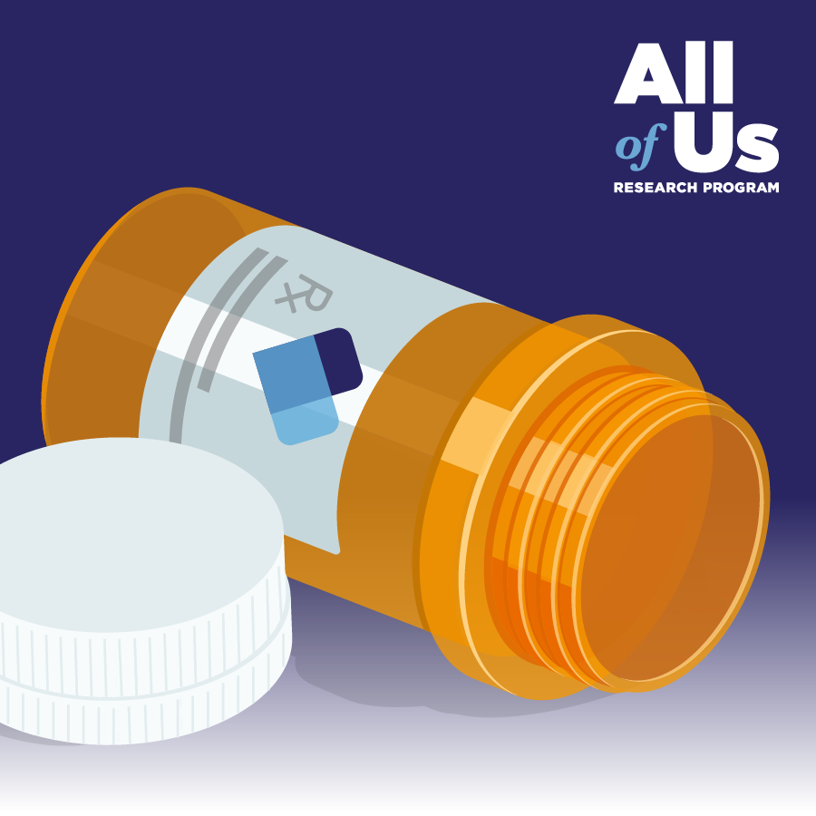 Illustration of an empty, uncapped prescription bottle on its side next to its cap and the All of Us Research Program logo.