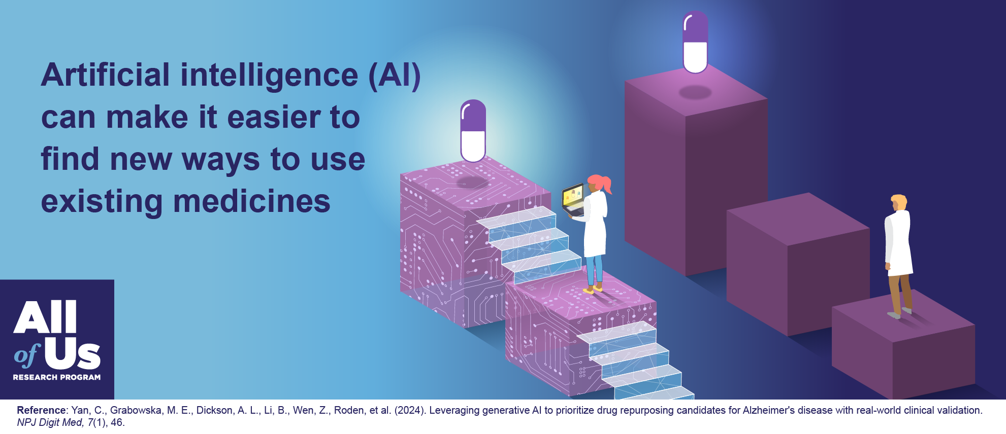 An illustration shows two scientists standing on giant cubes. Two giant pills float over other cubes in front of them. One of the scientists is looking at a laptop she is holding in her hands. The cubes where she stands are made out of electronic circuits and have stairs that interconnect them. A text says: “Artificial intelligence (AI) can make it easier to find ways to use existing medicines”. The All of Us Research Program logo is in the lower left corner.  