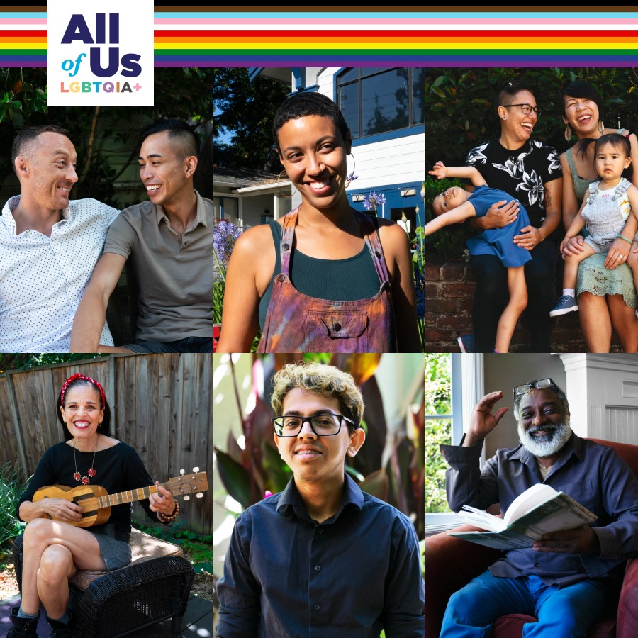 A series of photographs of participants accompanied by a top banner with the All of Us PRIDEnet logo and the rainbow progress flag