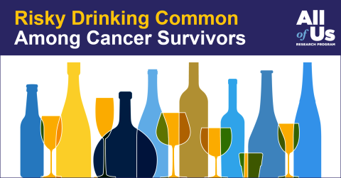 Risky Drinking Common Among Cancer Survivors. Illustration of multiple liquor bottles, champagne flutes, snifters, goblets, and glasses. Logo of the All of Us Research Program.