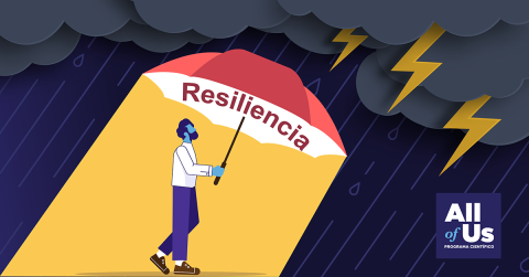 Una ilustración muestra a una persona caminando con un paraguas bajo una tormenta de lluvia con relámpagos. El paraguas está etiquetado con la palabra “resiliencia”. Bajo el paraguas hay luz solar que se proyecta sobre la persona. El logo del Programa Científico All of Us está abajo a la derecha.